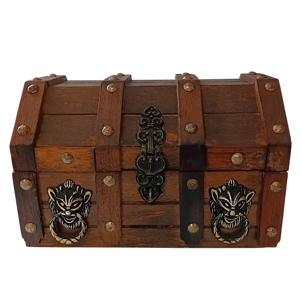 Vtg 70s Lions Head Treasure Chest Decanter Set Amber Glass Medieval Spanish READ